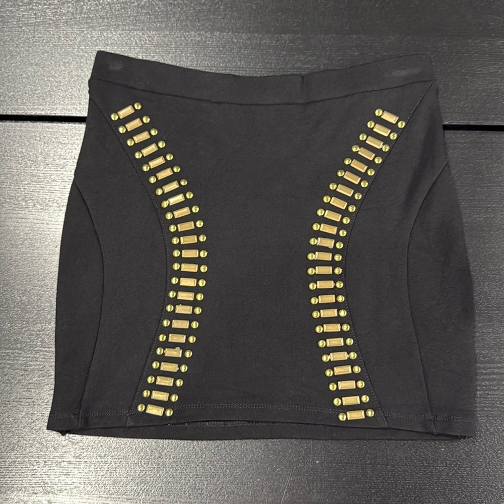 Bebe Black Mini Skirt with Antique Gold Beaded Design - XS